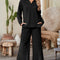 Black Plain Textured Collared V Neck Top and Wide Leg Pants Set