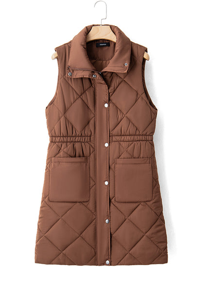 Black Puffer Quilted Stand Collar Pocketed Vest Coat
