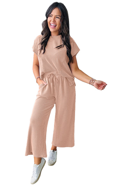 Blue Solid Corded Short Sleeve T Shirt and Wide Leg Pants Set
