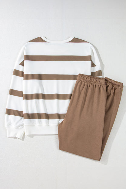 Light French Beige Striped Drop Shoulder Pullover and Joggers Set