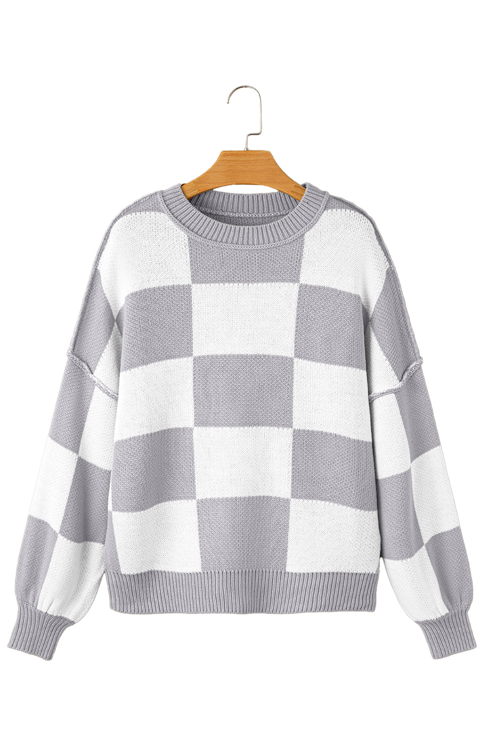 Green Checkered Bishop Sleeve Pullover Sweater