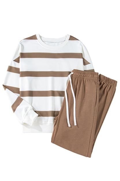 Light French Beige Striped Drop Shoulder Pullover and Joggers Set