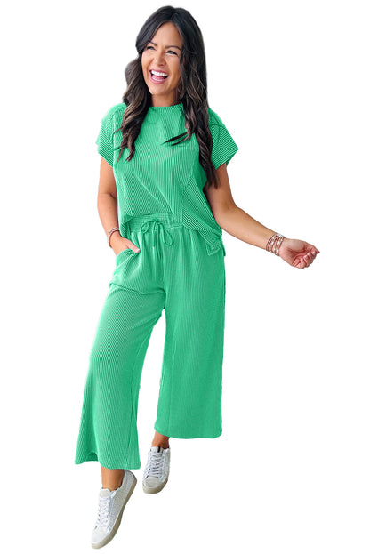 Blue Solid Corded Short Sleeve T Shirt and Wide Leg Pants Set