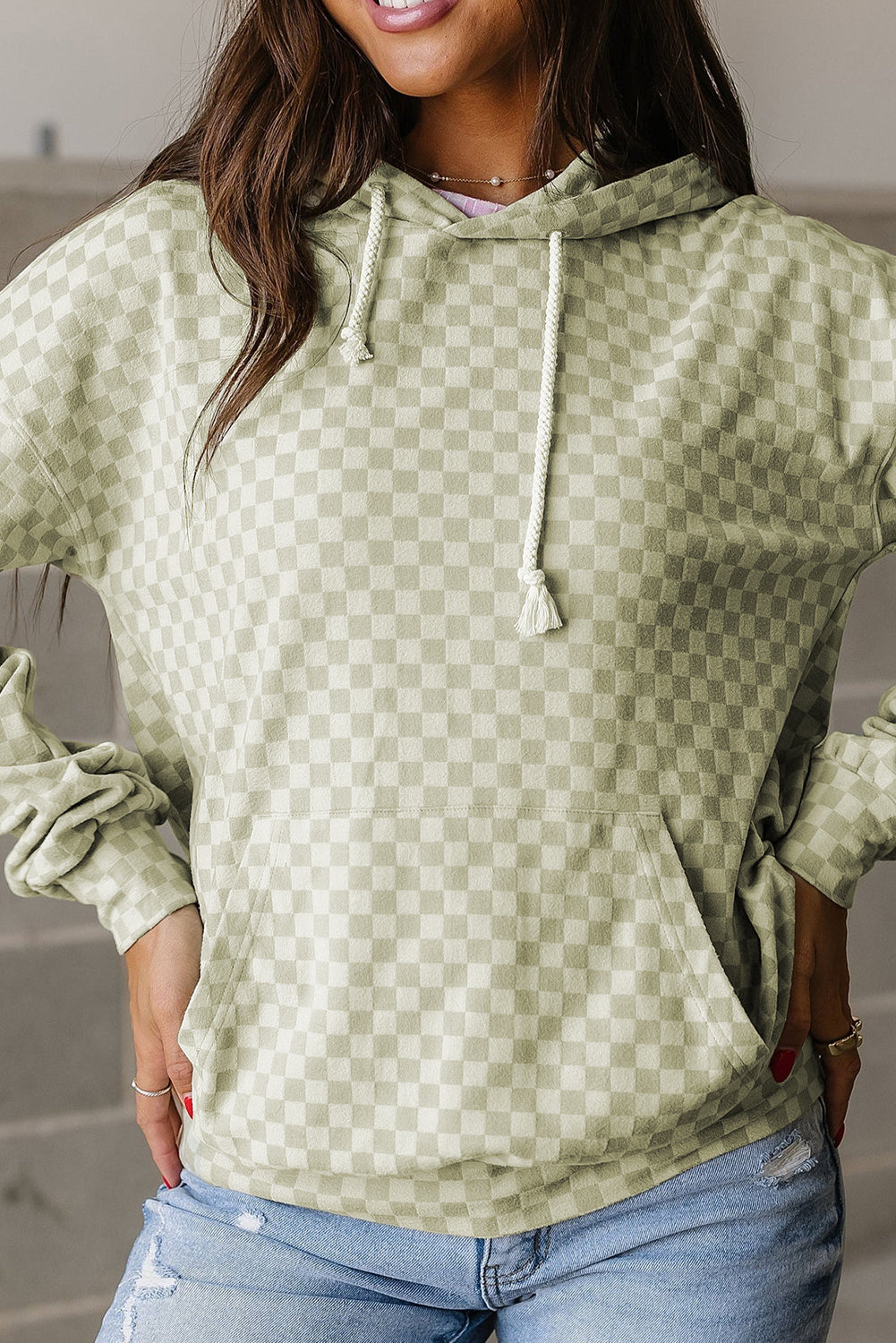 Green Checkered Kangaroo Pocket Hoodie