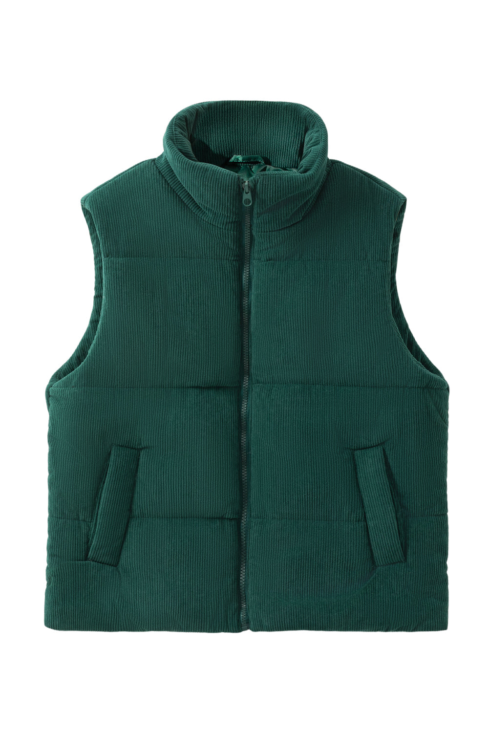 Coffee Solid Color Corduroy Puffer Vest Coat
