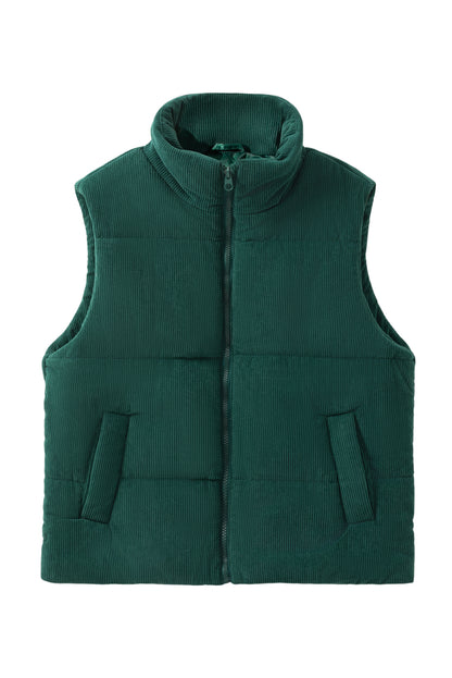 Coffee Solid Color Corduroy Puffer Vest Coat