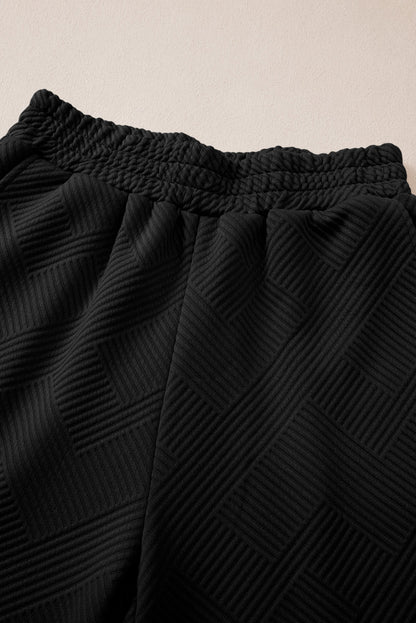 Black Plain Textured Collared V Neck Top and Wide Leg Pants Set