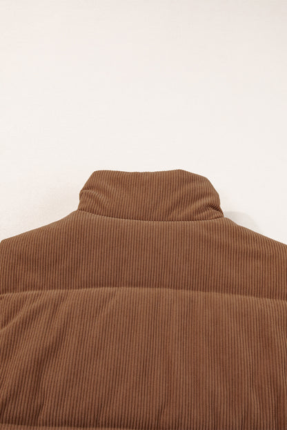Coffee Solid Color Corduroy Puffer Vest Coat