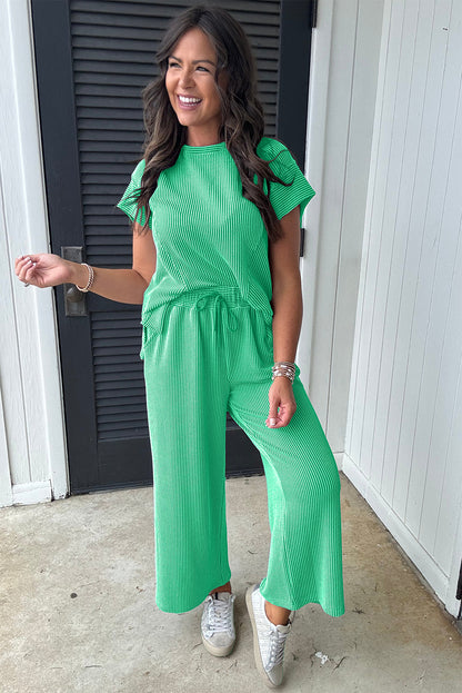 Blue Solid Corded Short Sleeve T Shirt and Wide Leg Pants Set