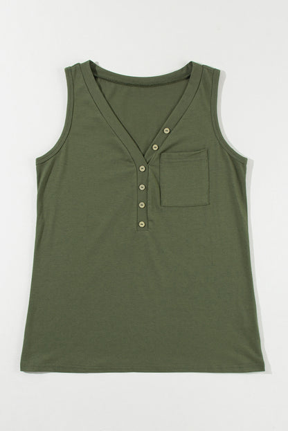 Jungle Green Half Button V Neck Patched Pocket Tank Top