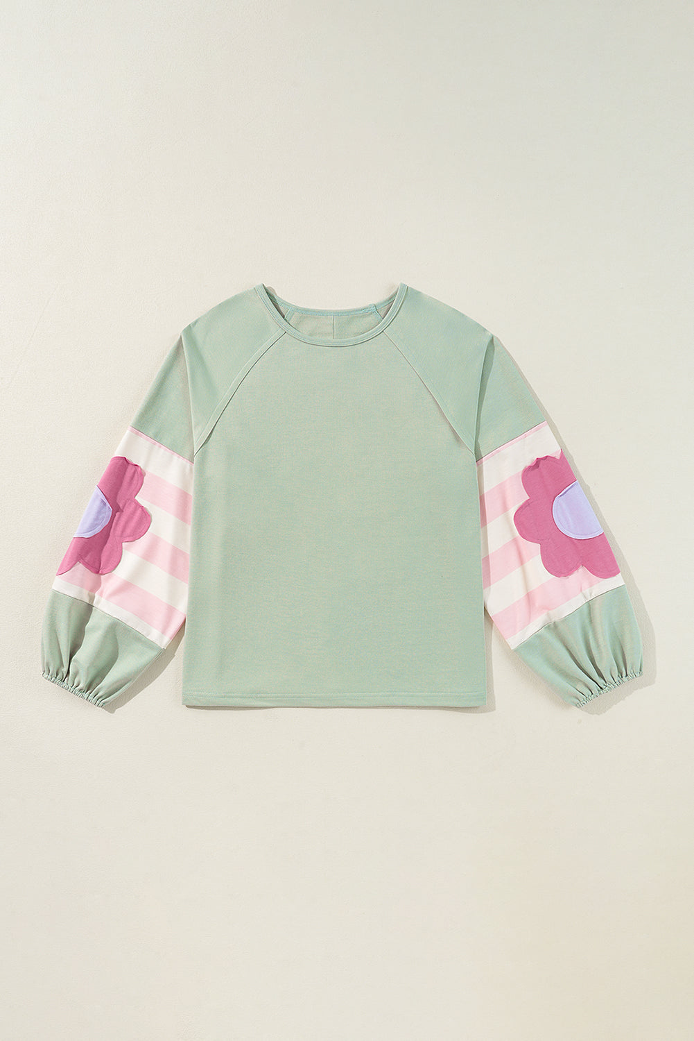 Smoke Green Flower Patchwork Exposed Seam Raglan Sleeve Top