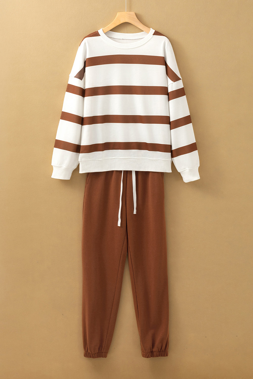 Light French Beige Striped Drop Shoulder Pullover and Joggers Set