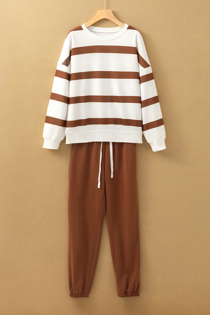 Light French Beige Striped Drop Shoulder Pullover and Joggers Set