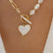 Gold Heart Shape Pendant Rhinestone Pearl Chain Necklace