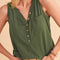 Jungle Green Half Button V Neck Patched Pocket Tank Top