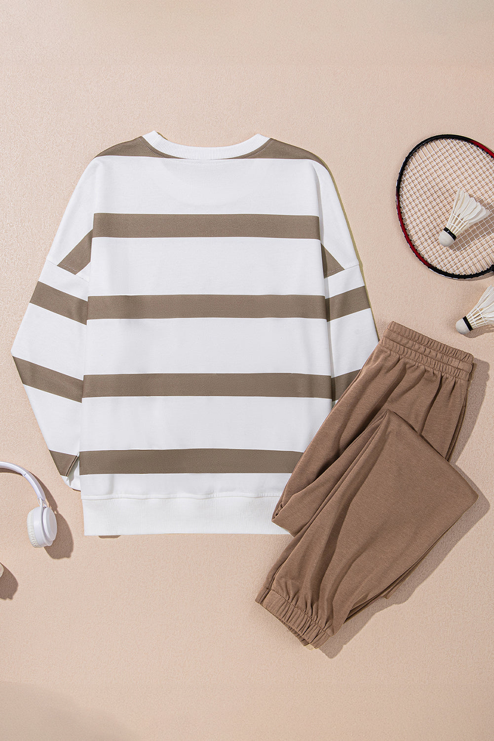 Light French Beige Striped Drop Shoulder Pullover and Joggers Set