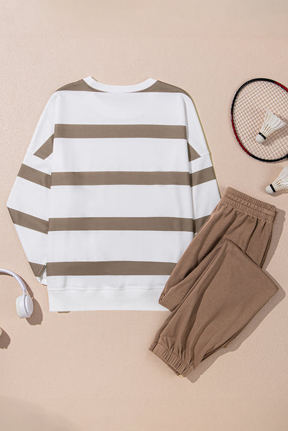 Light French Beige Striped Drop Shoulder Pullover and Joggers Set