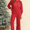 Fiery Red Crinkle Rib JOLLY Pattern Long Sleeve Top and Pockets Pants Set