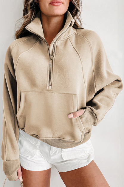 Gray Zip Up Stand Collar Ribbed Thumbhole Sleeve Sweatshirt