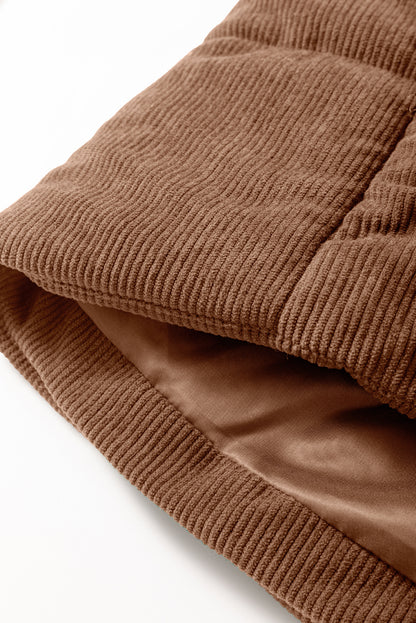 Coffee Solid Color Corduroy Puffer Vest Coat