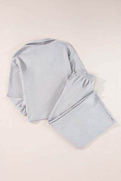 Black Plain Textured Collared V Neck Top and Wide Leg Pants Set