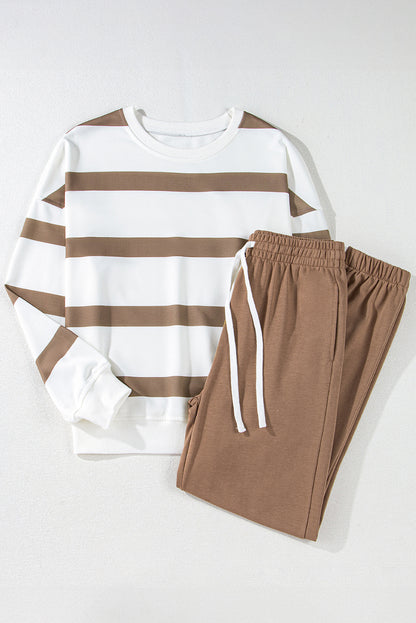 Light French Beige Striped Drop Shoulder Pullover and Joggers Set