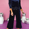 Navy Blue Velvet Ruffle Shoulder Wide Leg Pants Set