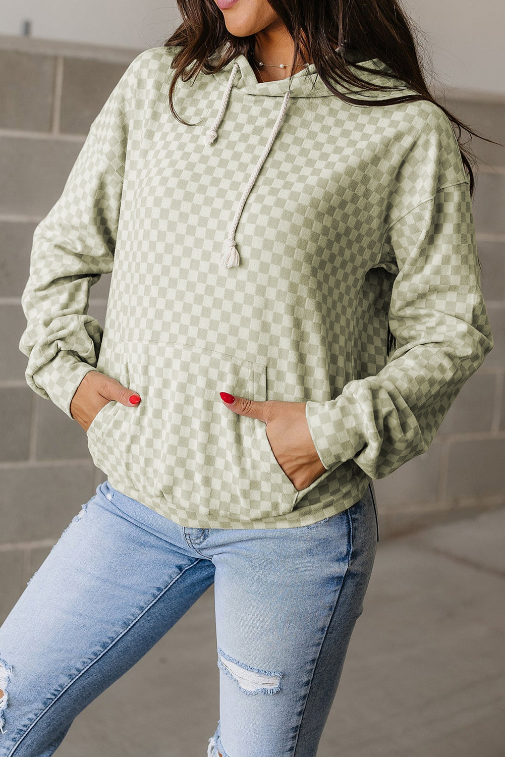 Green Checkered Kangaroo Pocket Hoodie