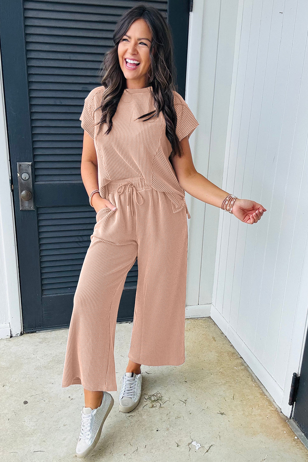 Blue Solid Corded Short Sleeve T Shirt and Wide Leg Pants Set