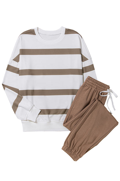 Light French Beige Striped Drop Shoulder Pullover and Joggers Set