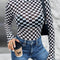 Black Checkered Print Long Sleeve Mock Neck Bodysuit