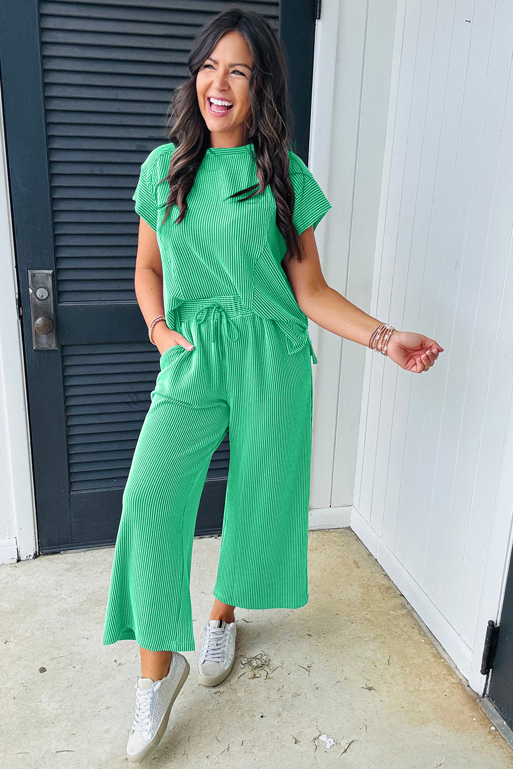 Blue Solid Corded Short Sleeve T Shirt and Wide Leg Pants Set