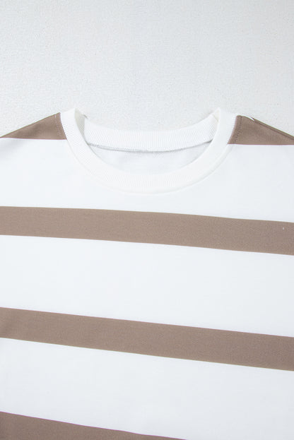 Light French Beige Striped Drop Shoulder Pullover and Joggers Set