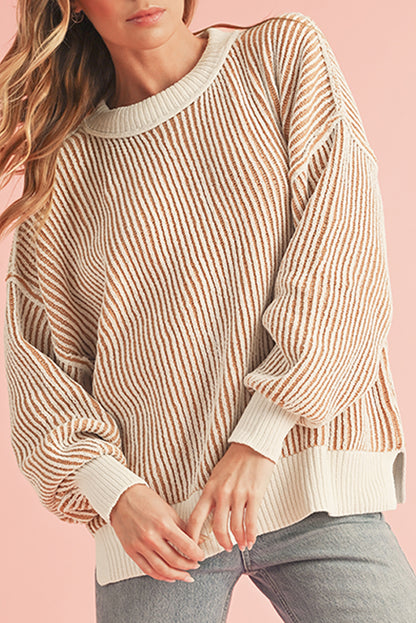 Chestnut Striped Contrast Trim Loose Sweater