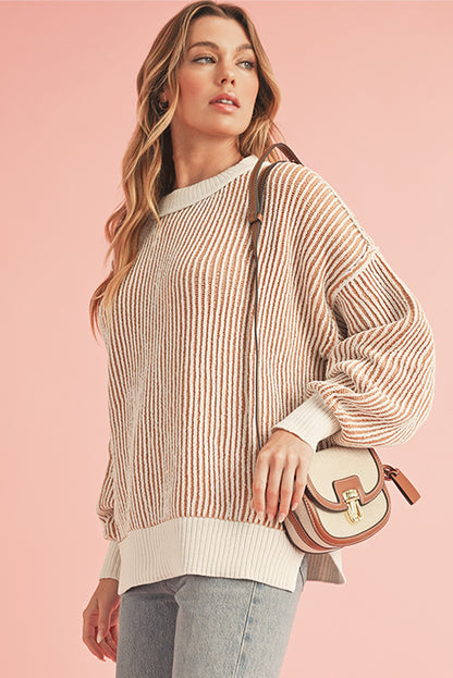 Chestnut Striped Contrast Trim Loose Sweater