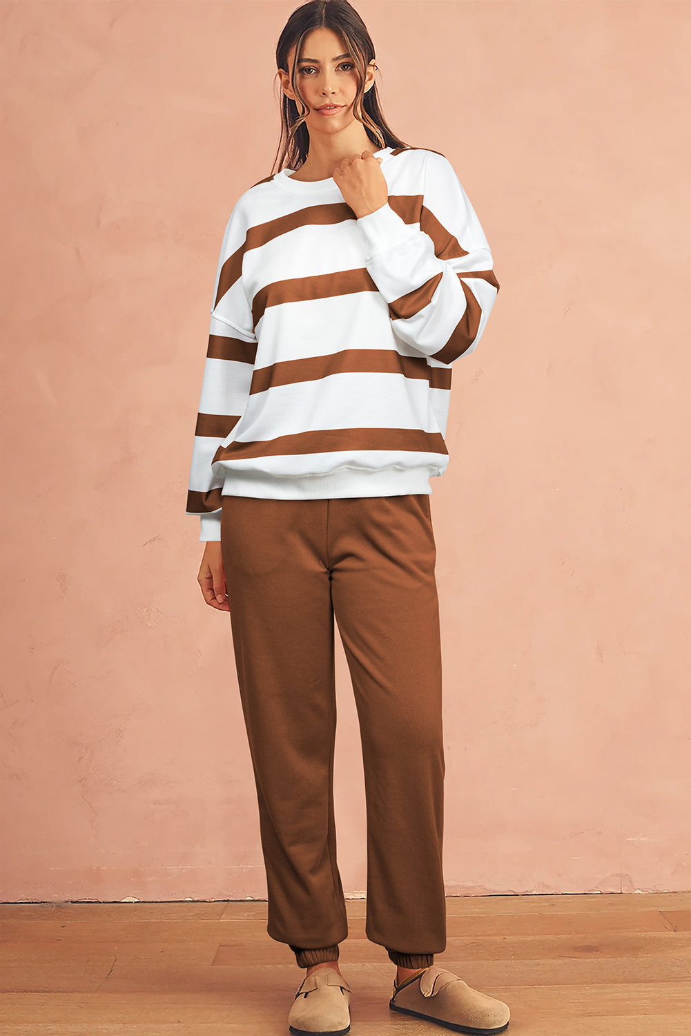 Light French Beige Striped Drop Shoulder Pullover and Joggers Set