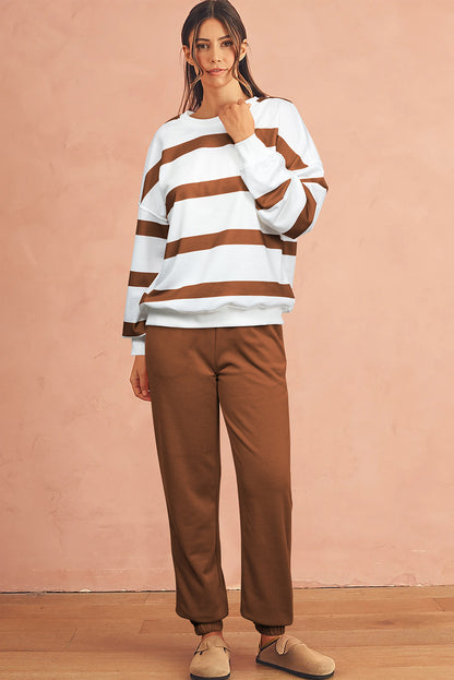 Light French Beige Striped Drop Shoulder Pullover and Joggers Set
