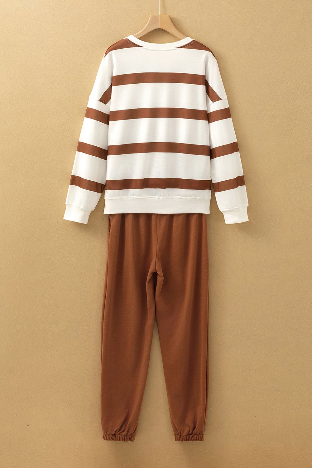 Light French Beige Striped Drop Shoulder Pullover and Joggers Set