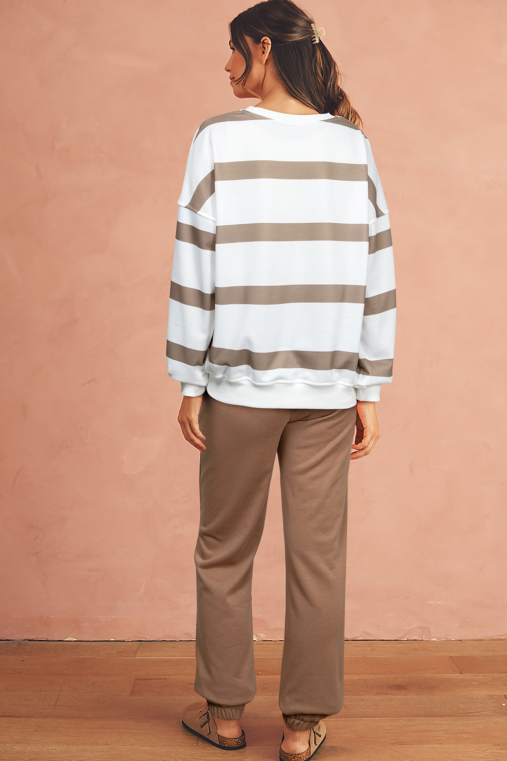 Light French Beige Striped Drop Shoulder Pullover and Joggers Set