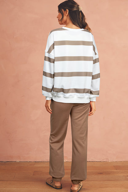 Light French Beige Striped Drop Shoulder Pullover and Joggers Set